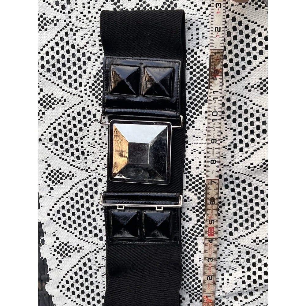 Vintage 1980s Wide Elastic Waist Belt Silver Geometric Buckle Black Patent Glam - Picture 3 of 8